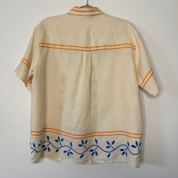 VRG Grl Blouse Sunsets Capri Linen Natural Button Down Collared Embroidered Sz 8 - Picture 3 of 16